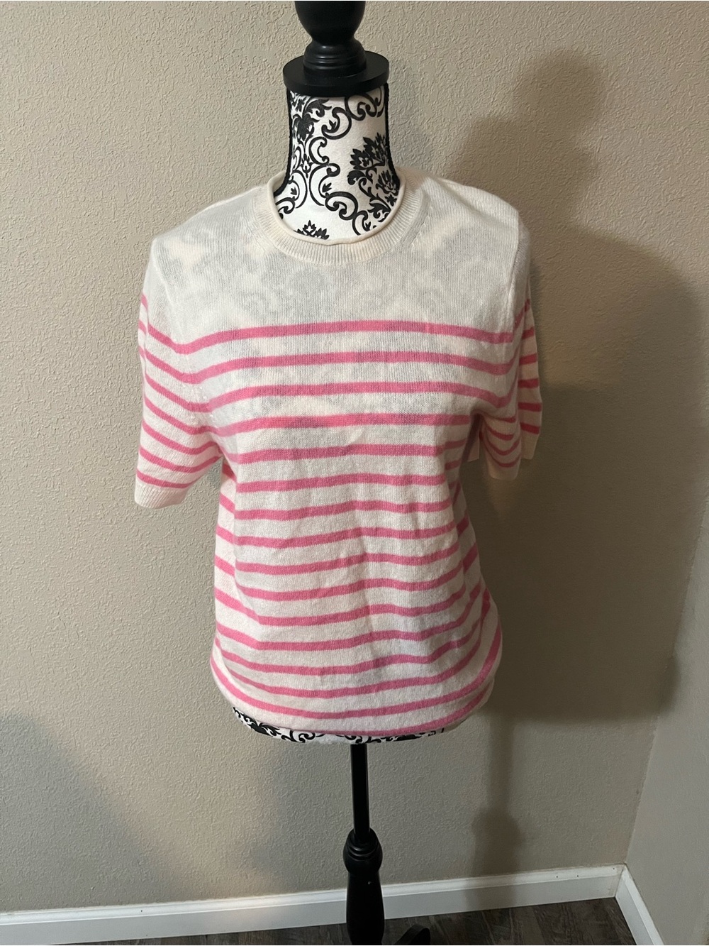 Banana Republic Cashmere White Short-Sleeve Knit Top with Pink Stripes.